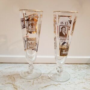 Beer Glasses 10 oz Stemmed Clear Gold Vintage Glass set of 2